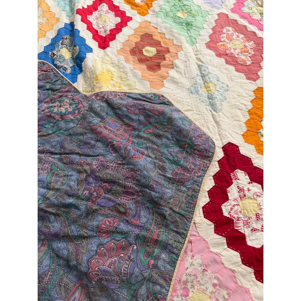 Vintage Handmade Grandmothers Flower Garden Patchwork Quilt Hexagon Multi 96x74